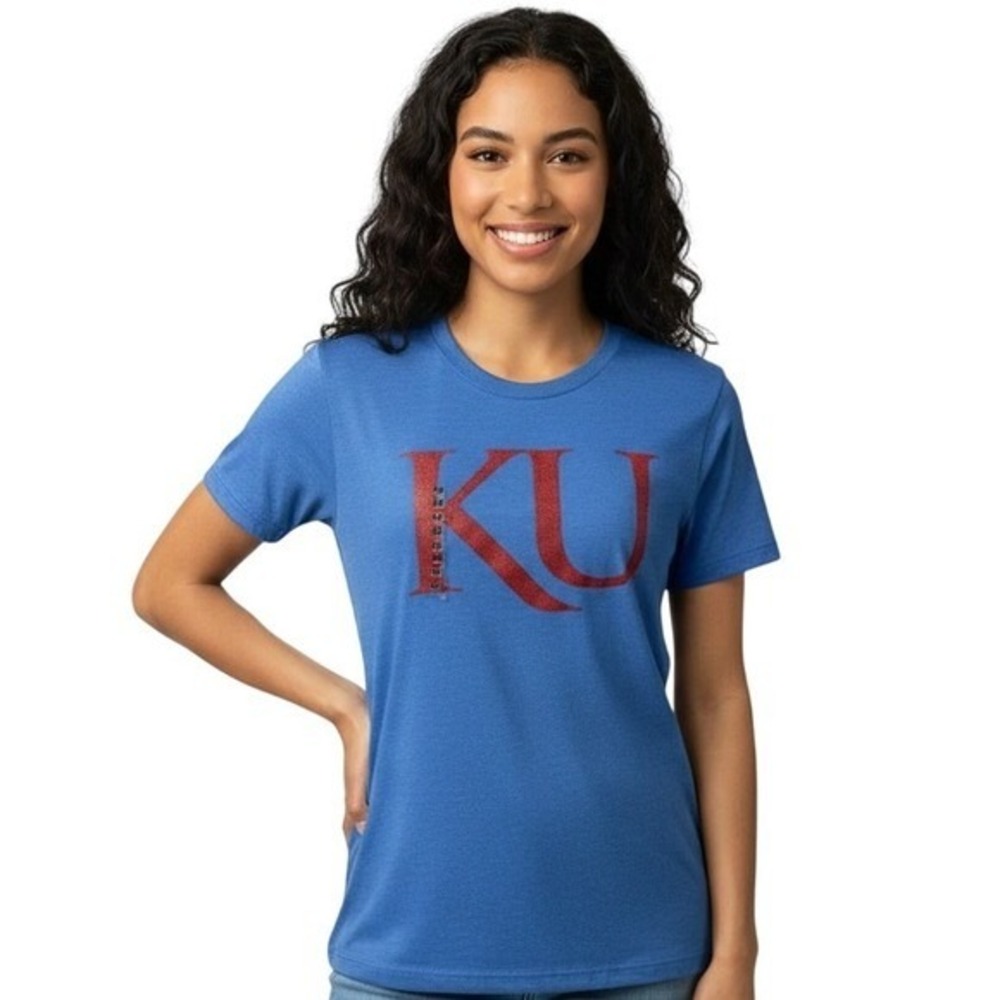 New Agenda Perrin Kansas Jayhawks Blue Glitter Logo T‎ Shirt Women Size M New